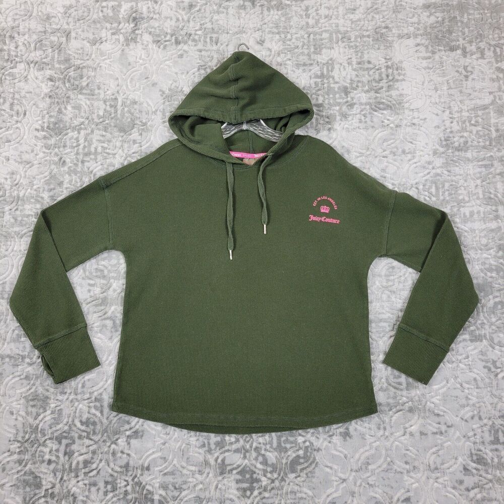 Juicy Couture Hoodie Women Medium Green Waffle Knit Thermal Sweatshirt Sport